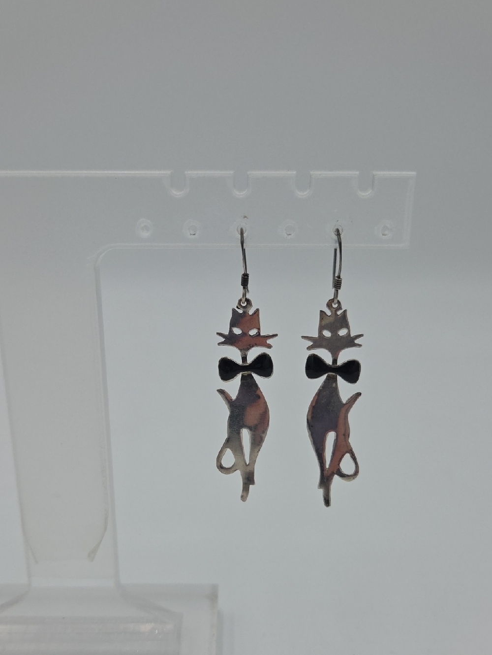Silver Cat Dangle Earrings with Black Bow Accent